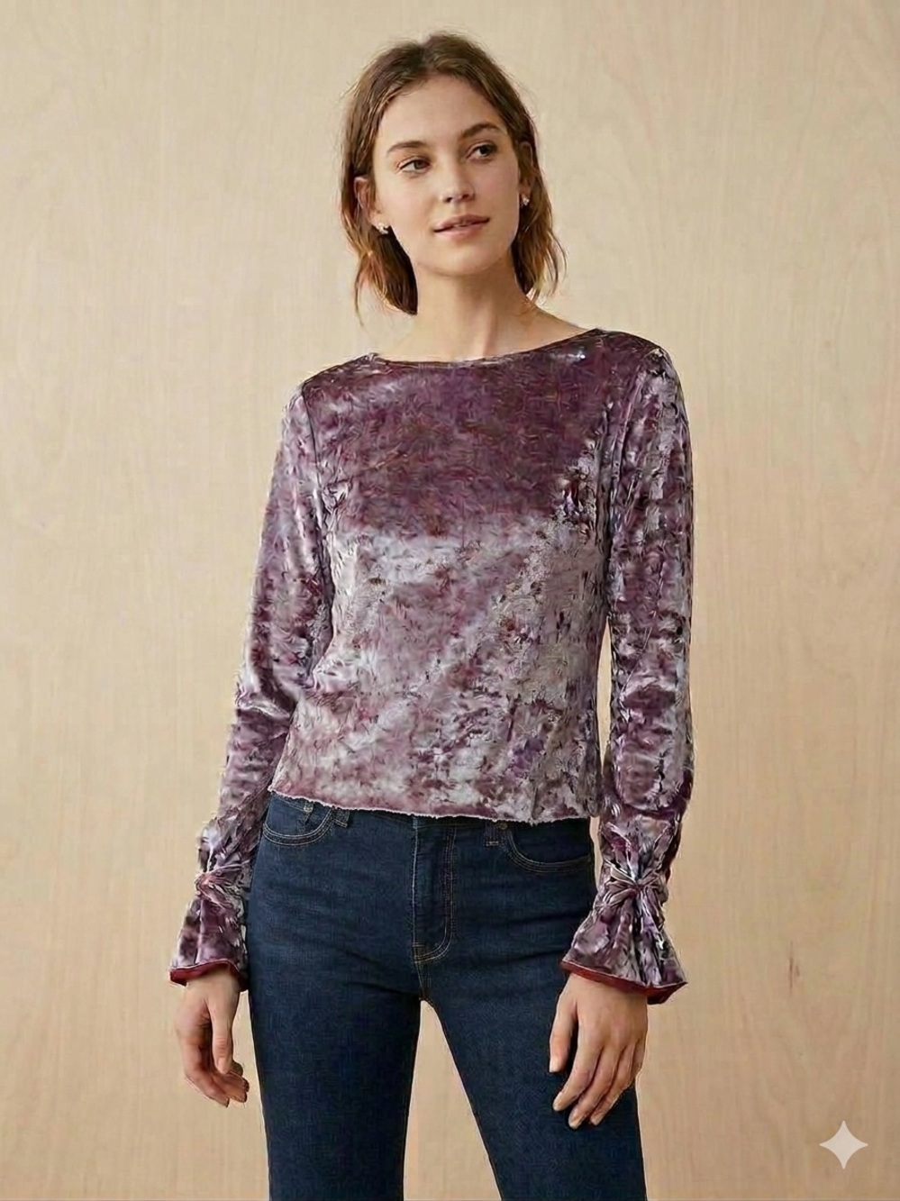 NWOT ZARA Plum Crushed Velvet Bell Long Sleeve Crop Top